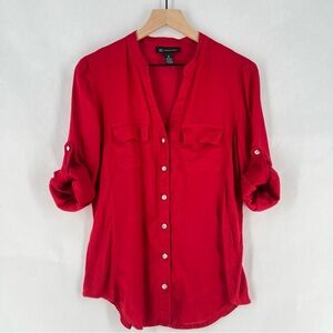 INC‎ Red Linen Roll Tab Sleeve Jewel Button Up V-Neck Women's Top Size 10